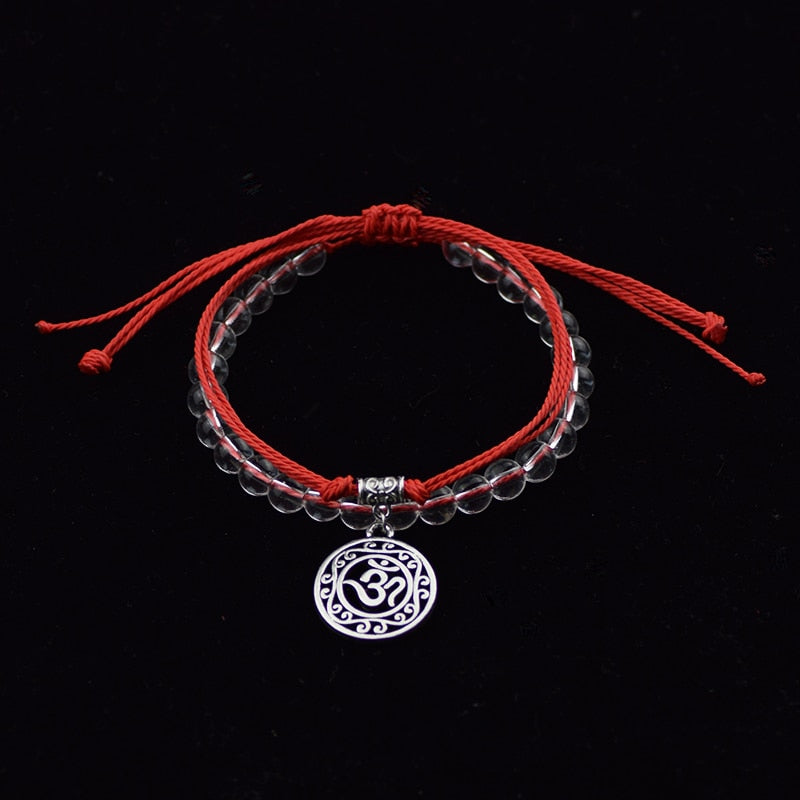 Bracelet de perle et corde symbole Hindou "Om", rouge
