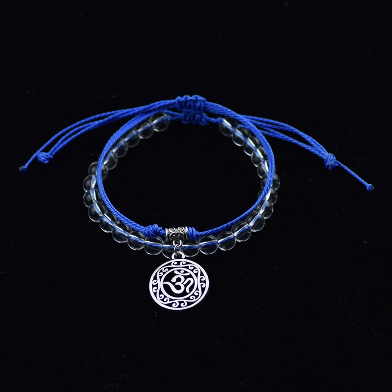 Bracelet de perle et corde symbole Hindou "Om", bleu