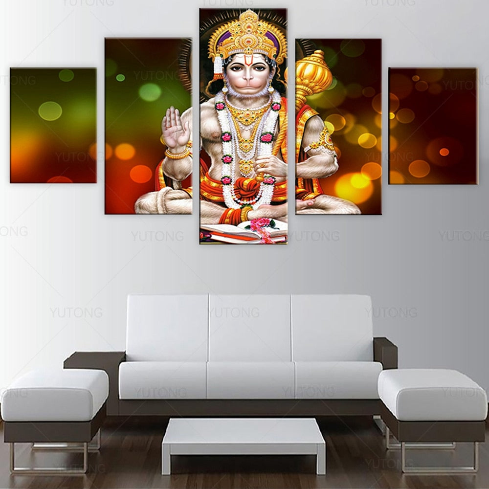 Toile en 5 parties du dieu Hindou Hanuman