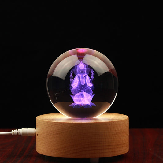 Boule de cristal dieu Hindou Ganesh, base bois LED