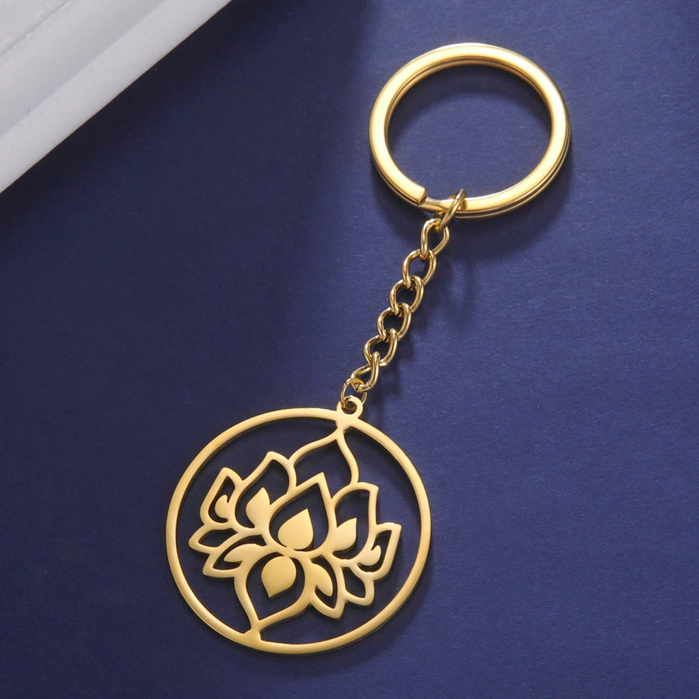 Porte clé porte bonheur Fleur de Lotus, couleur or