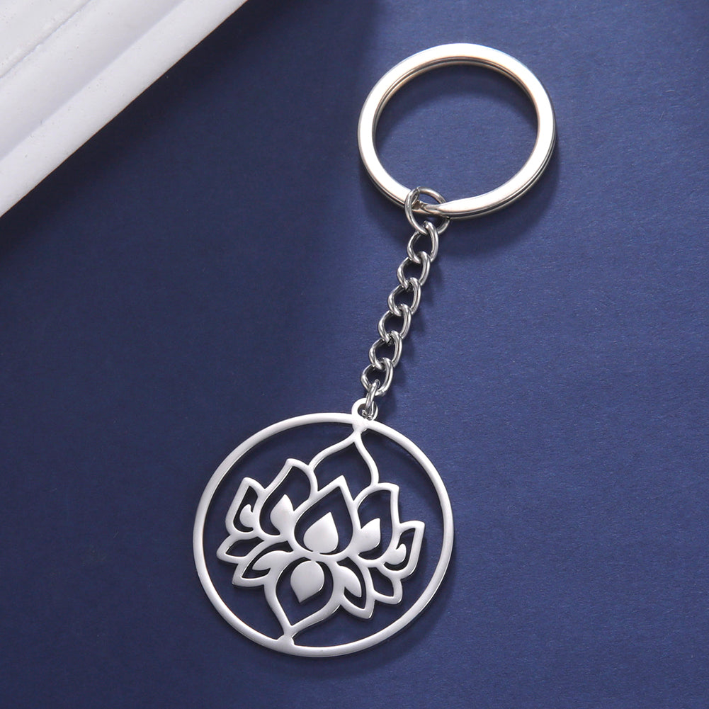 Porte clé porte bonheur Fleur de Lotus, couleur argent