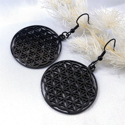 Boucles d'oreilles pendantes fleur de lotus, couleur Noire