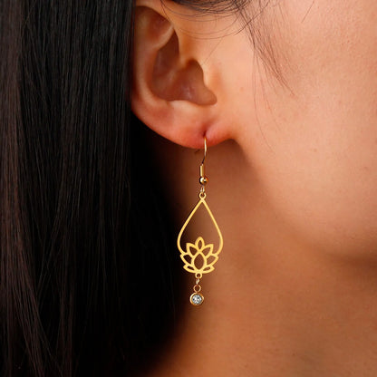 Boucles d'oreilles pendantes fleur de lotus avec zircon, couleur or, portée