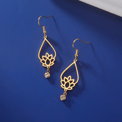 Boucles d'oreilles pendantes fleur de lotus avec zircon, couleur or