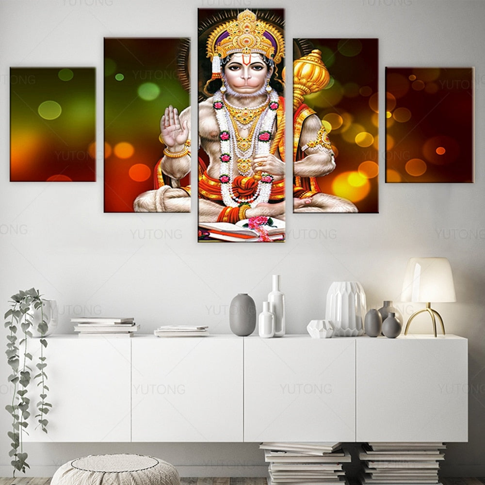 Toile en 5 parties du dieu Hindou Hanuman